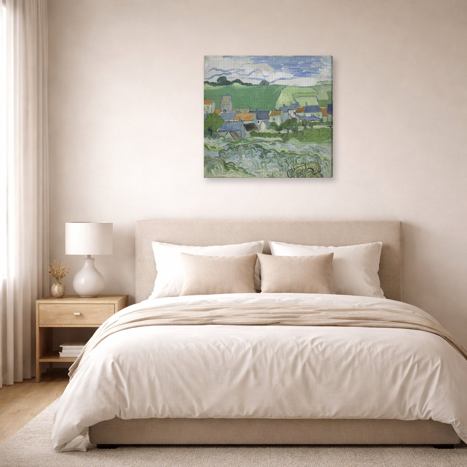Gallery-wrapped canvas print of Vincent van Gogh's View of Auvers displayed on a wall in a bedroom