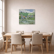 Gallery-wrapped canvas print of Vincent van Gogh's View of Auvers displayed on a wall in a dining room