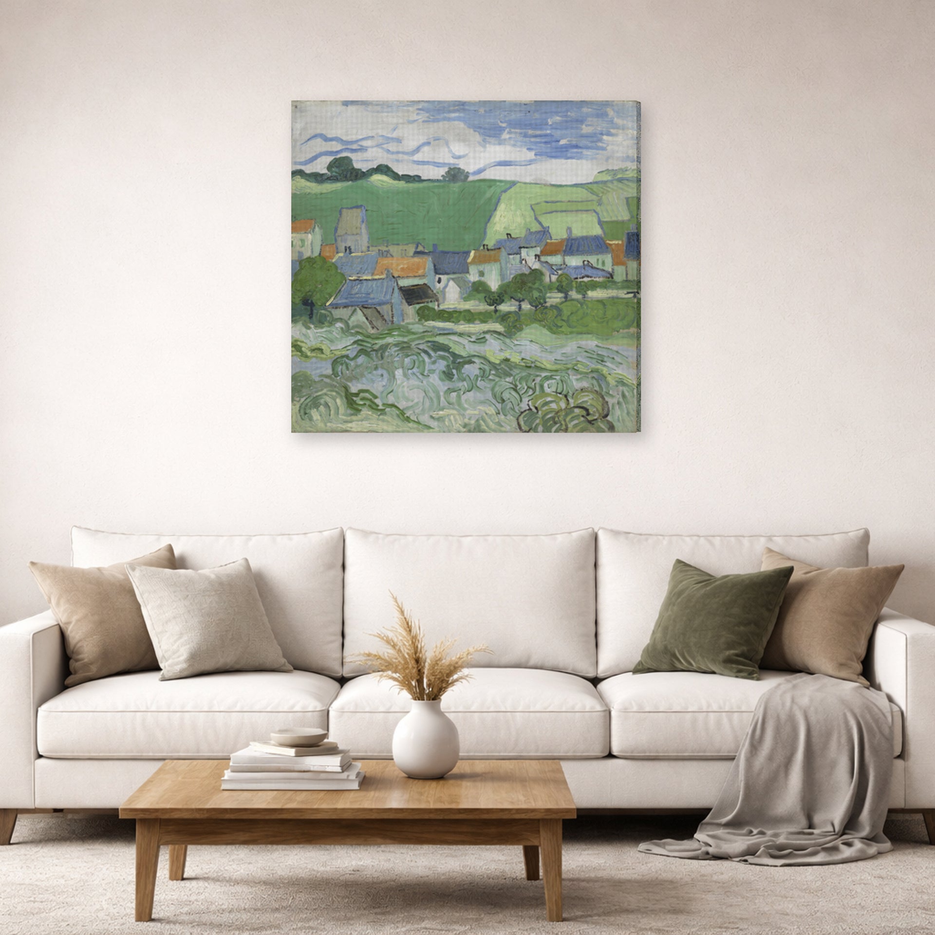 Gallery-wrapped canvas print of Vincent van Gogh's View of Auvers displayed on a wall in a living room