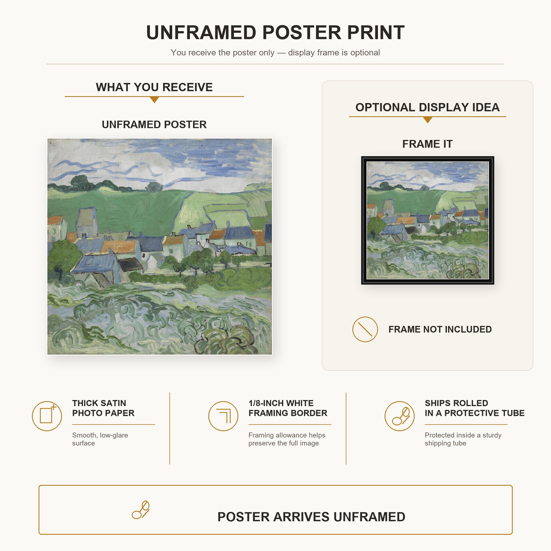 Vincent van Gogh - View of Auvers poster print size comparison and framing display infographic