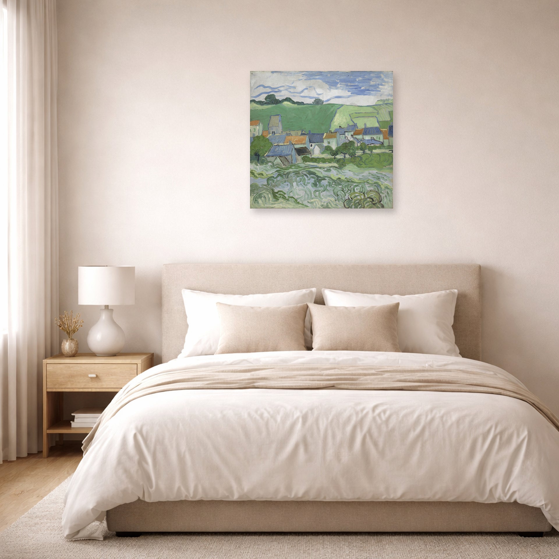 Unframed poster print of Vincent van Gogh's View of Auvers displayed on a wall in a bedroom
