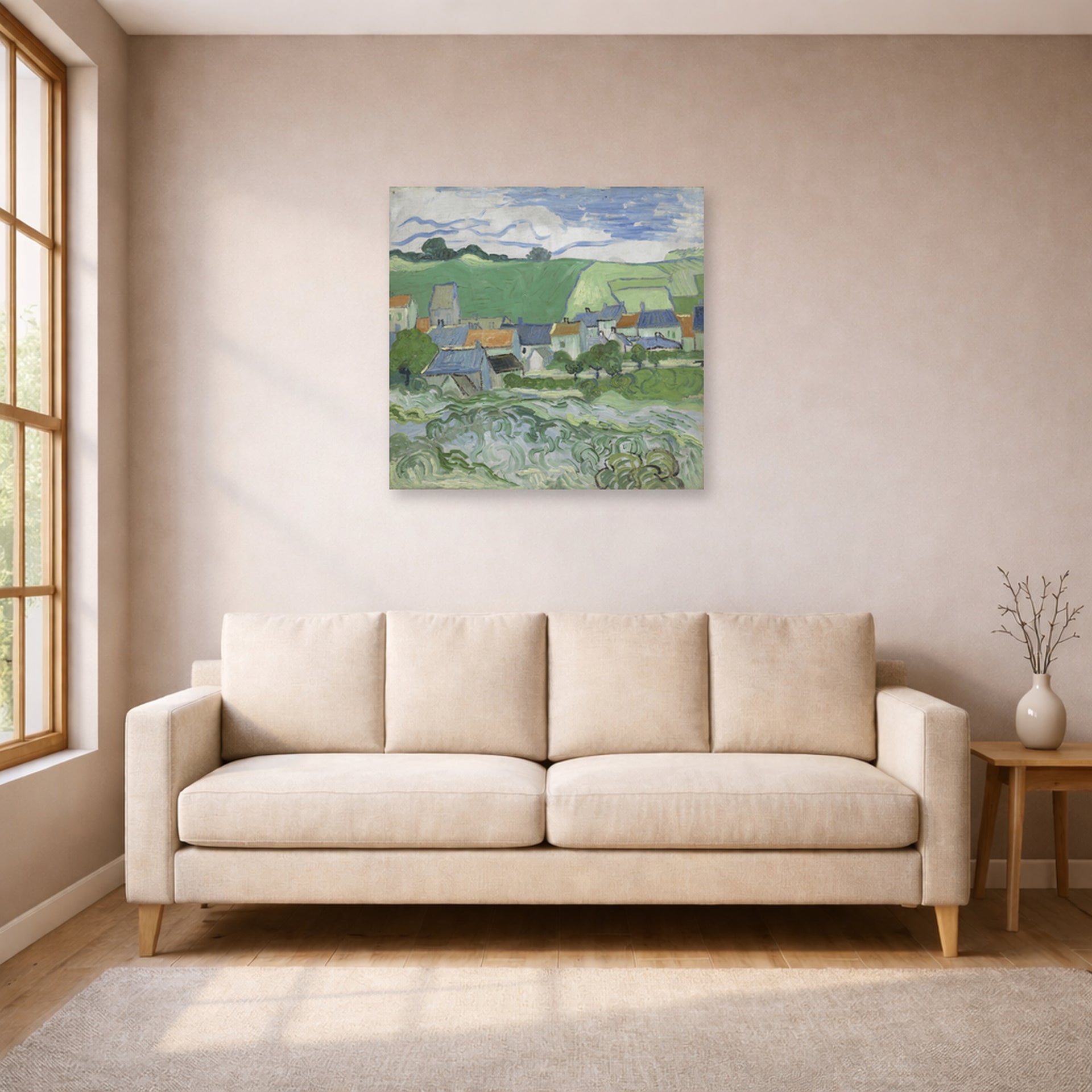 Unframed poster print of Vincent van Gogh's View of Auvers displayed on a wall in a living room