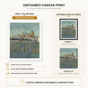 Vincent van Gogh - View of Saintes Maries De La Mer canvas print size comparison and framing display infographic