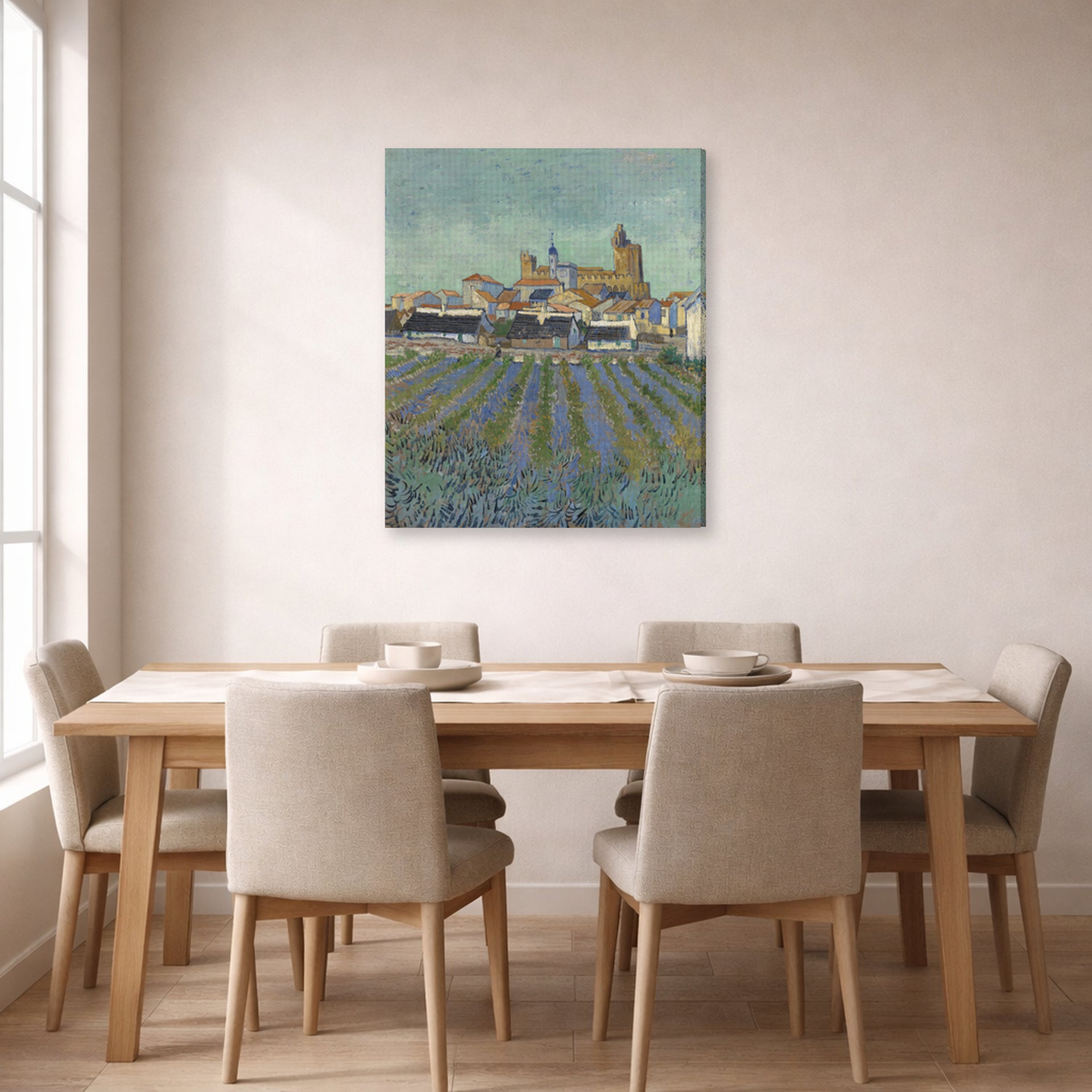 Gallery-wrapped canvas print of Vincent van Gogh's View of Saintes Maries De La Mer displayed on a wall in a dining room