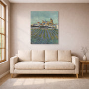 Gallery-wrapped canvas print of Vincent van Gogh's View of Saintes Maries De La Mer displayed on a wall in a living room