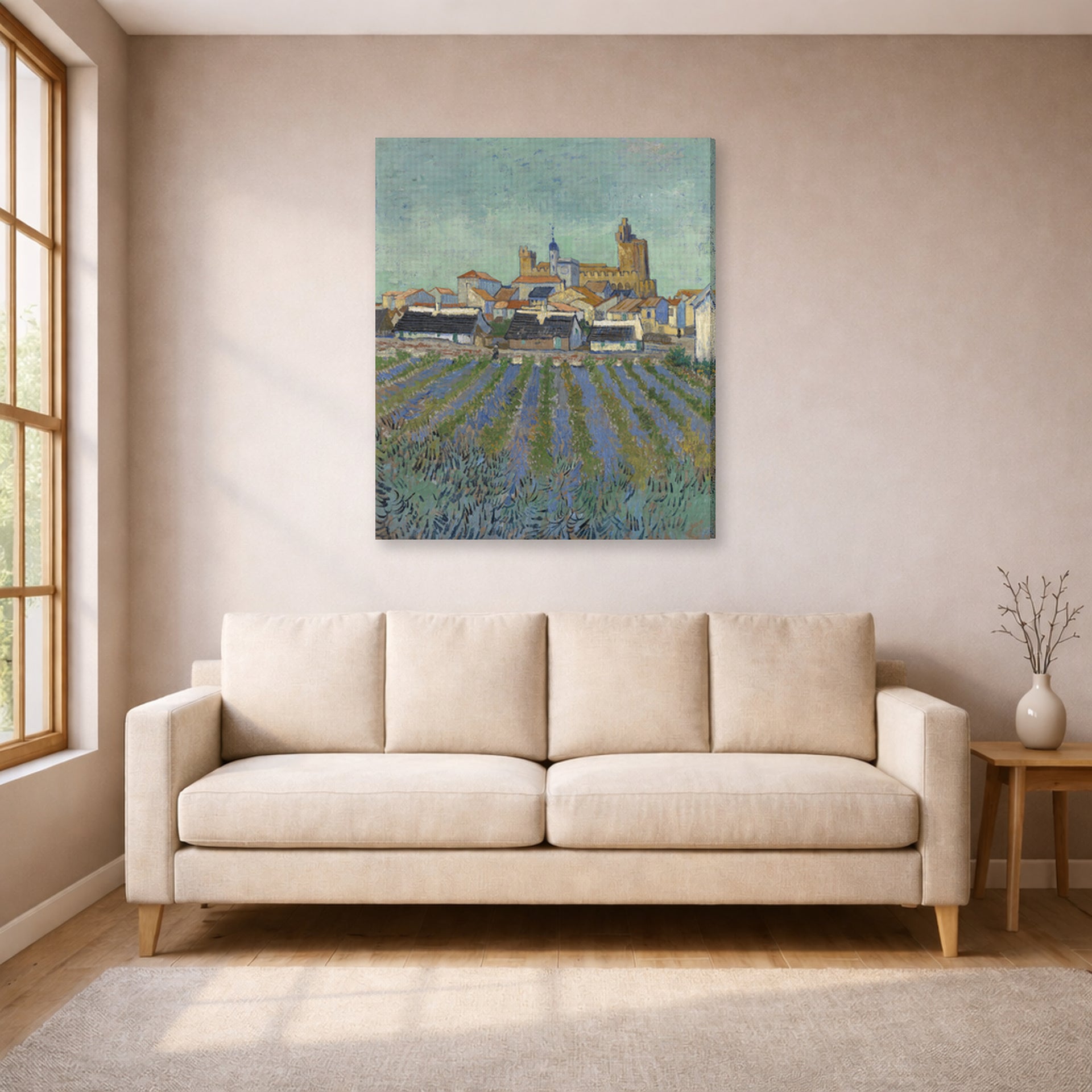 Gallery-wrapped canvas print of Vincent van Gogh's View of Saintes Maries De La Mer displayed on a wall in a living room