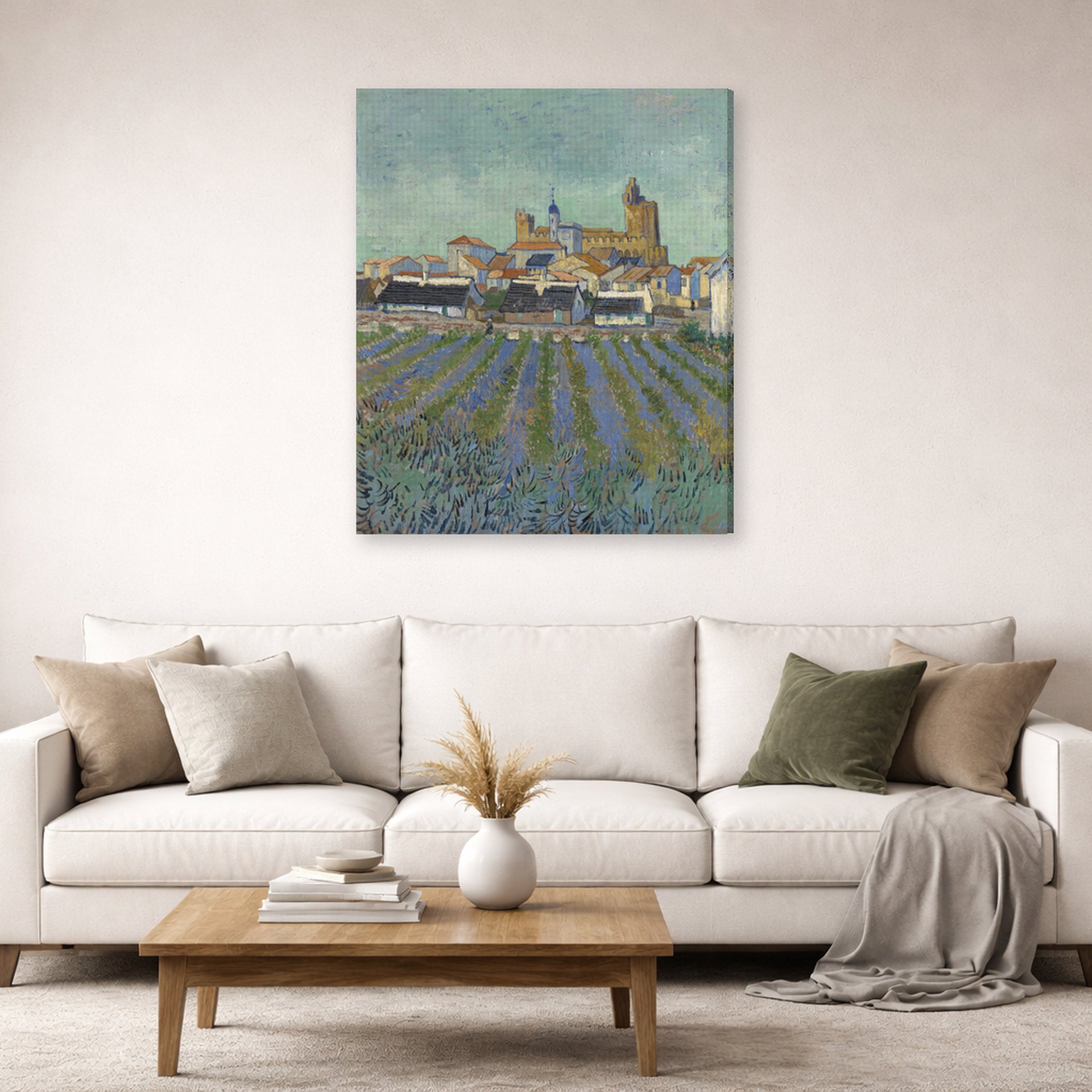 Gallery-wrapped canvas print of Vincent van Gogh's View of Saintes Maries De La Mer displayed on a wall in a living room