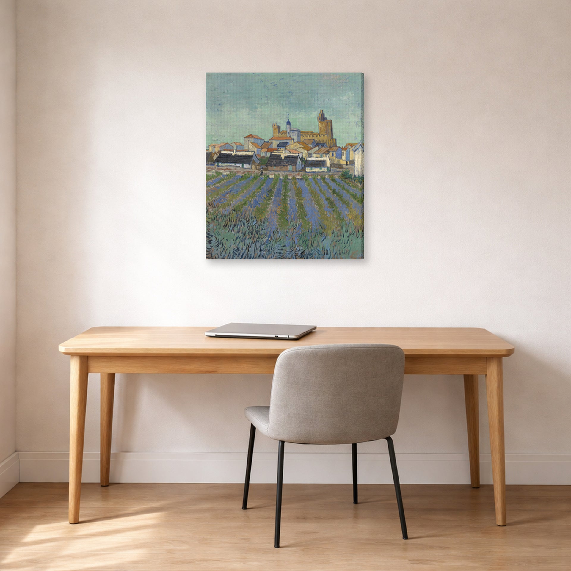 Gallery-wrapped canvas print of Vincent van Gogh's View of Saintes Maries De La Mer displayed on a wall in a home office