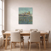 Unframed poster print of Vincent van Gogh's View of Saintes Maries De La Mer displayed on a wall in a dining room