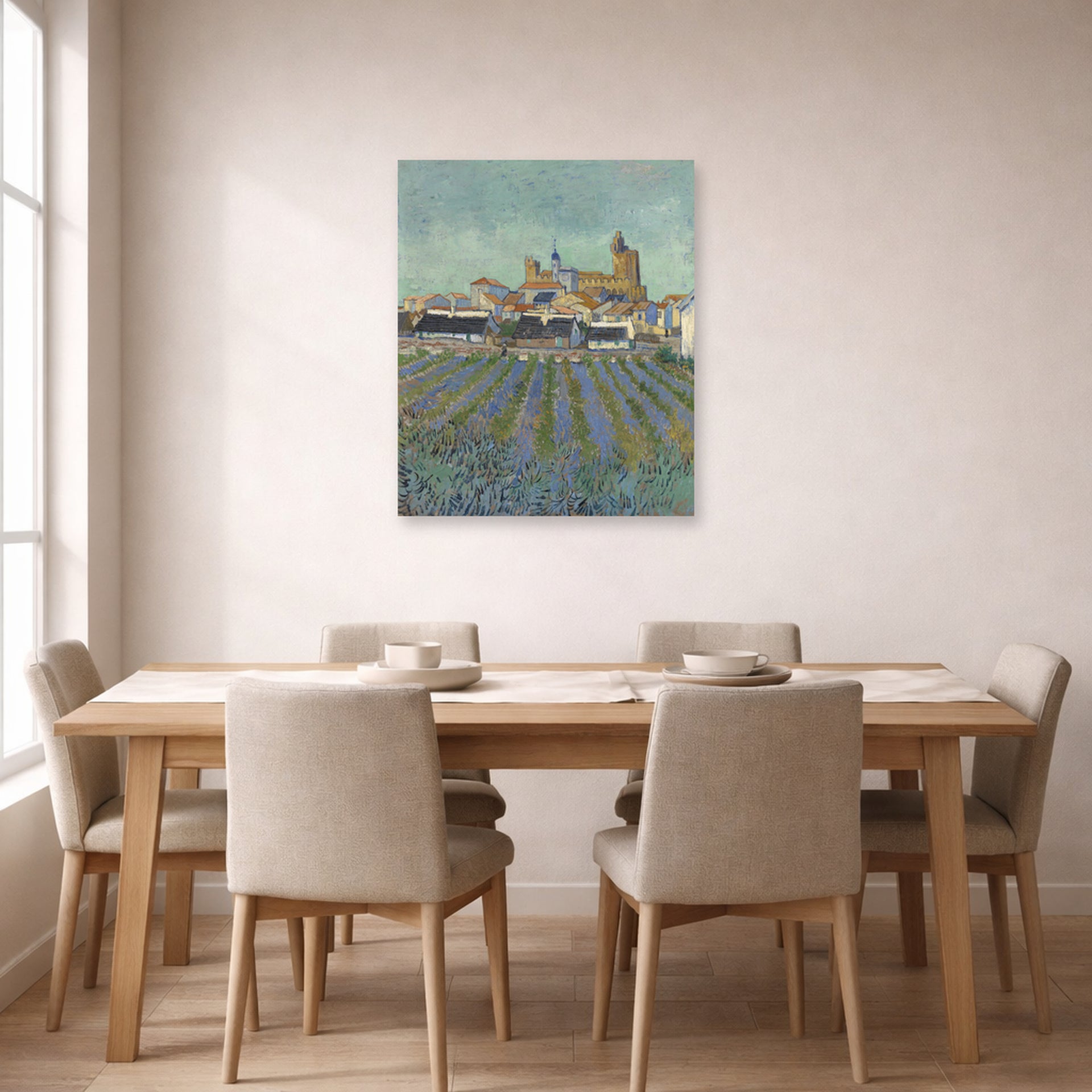 Unframed poster print of Vincent van Gogh's View of Saintes Maries De La Mer displayed on a wall in a dining room