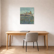 Unframed poster print of Vincent van Gogh's View of Saintes Maries De La Mer displayed on a wall in a home office
