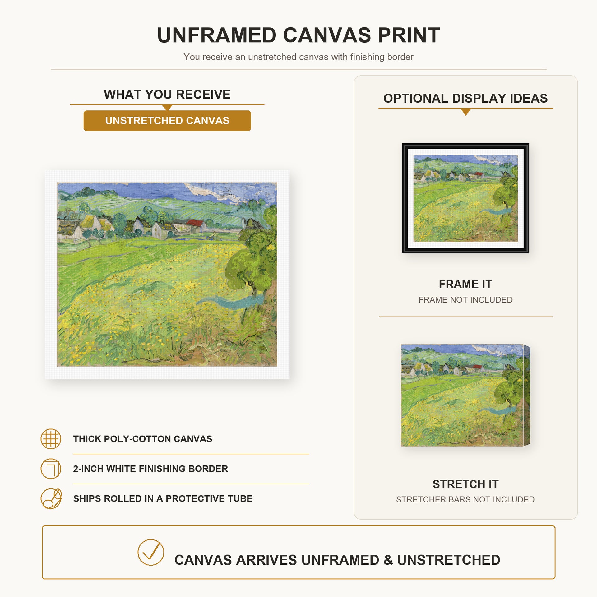 Vincent van Gogh - View of Vessenots Near Auvers canvas print size comparison and framing display infographic