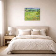 Gallery-wrapped canvas print of Vincent van Gogh's View of Vessenots Near Auvers displayed on a wall in a bedroom