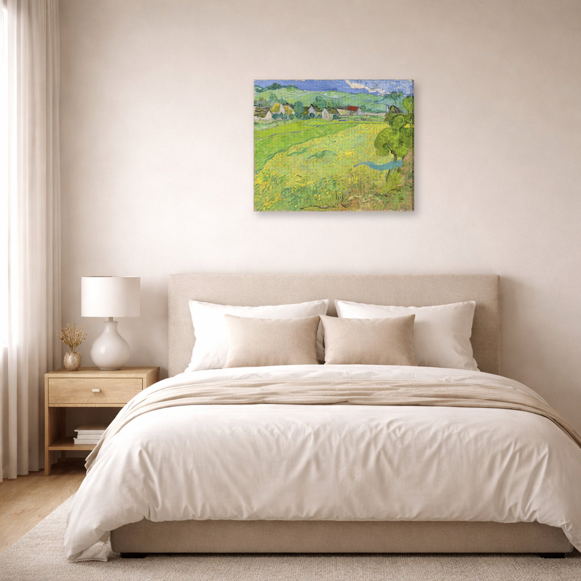 Gallery-wrapped canvas print of Vincent van Gogh's View of Vessenots Near Auvers displayed on a wall in a bedroom