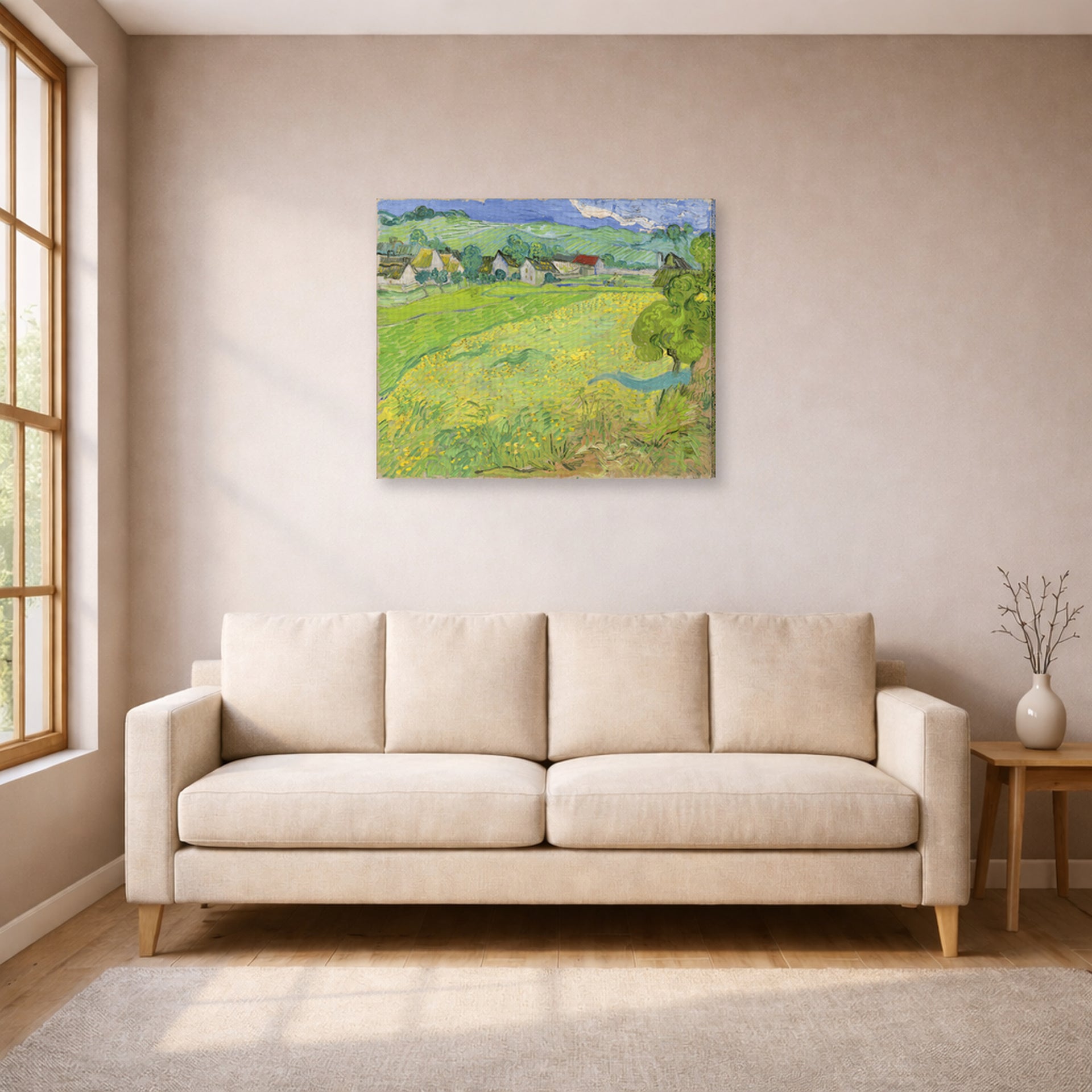 Gallery-wrapped canvas print of Vincent van Gogh's View of Vessenots Near Auvers displayed on a wall in a living room