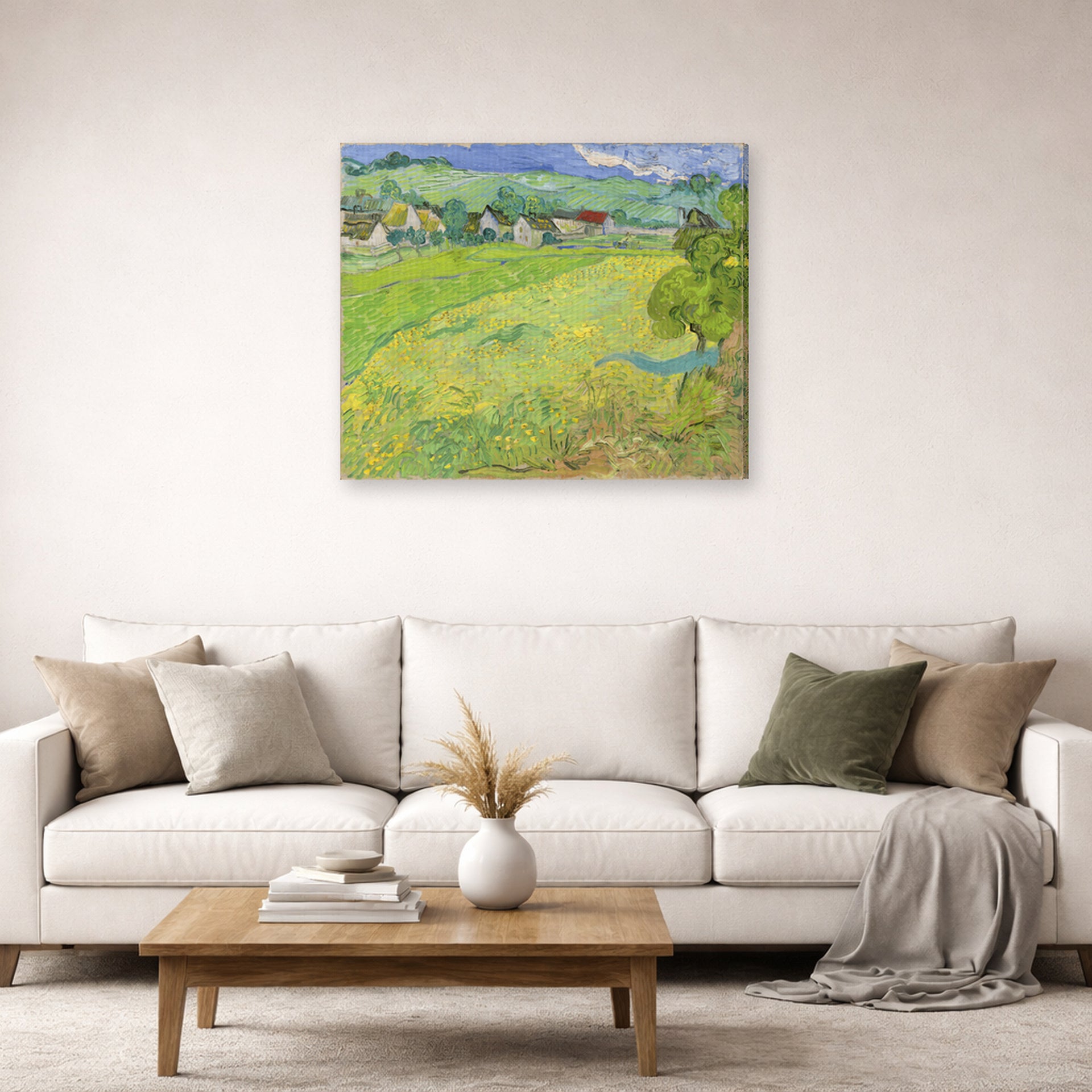 Gallery-wrapped canvas print of Vincent van Gogh's View of Vessenots Near Auvers displayed on a wall in a living room