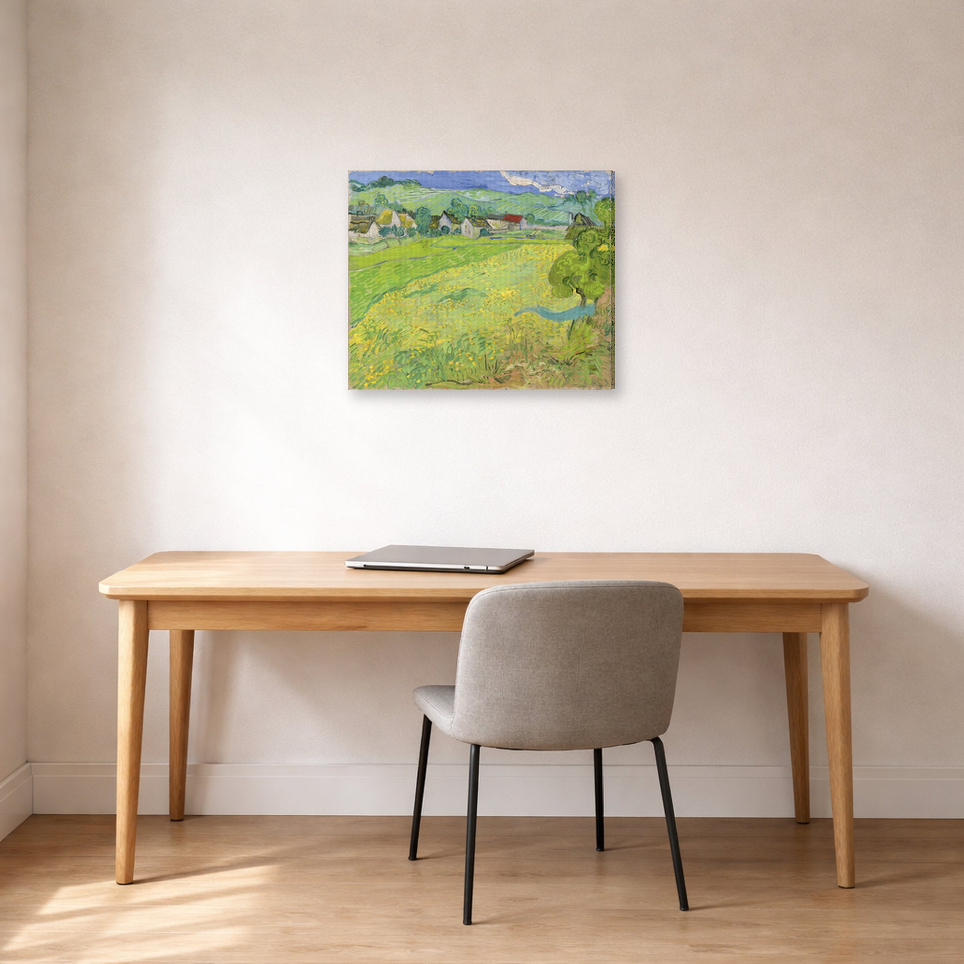 Gallery-wrapped canvas print of Vincent van Gogh's View of Vessenots Near Auvers displayed on a wall in a home office