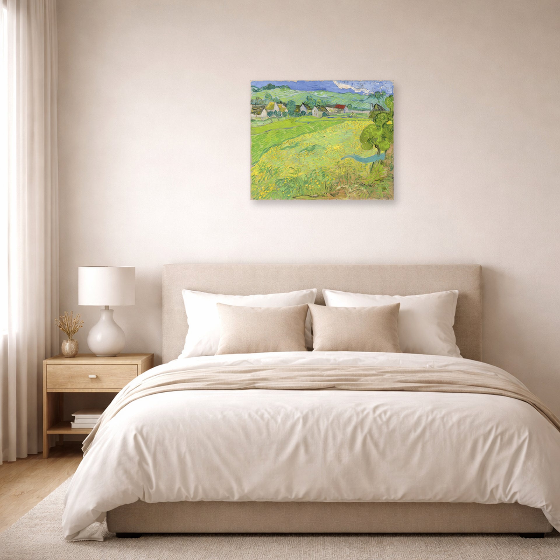 Unframed poster print of Vincent van Gogh's View of Vessenots Near Auvers displayed on a wall in a bedroom