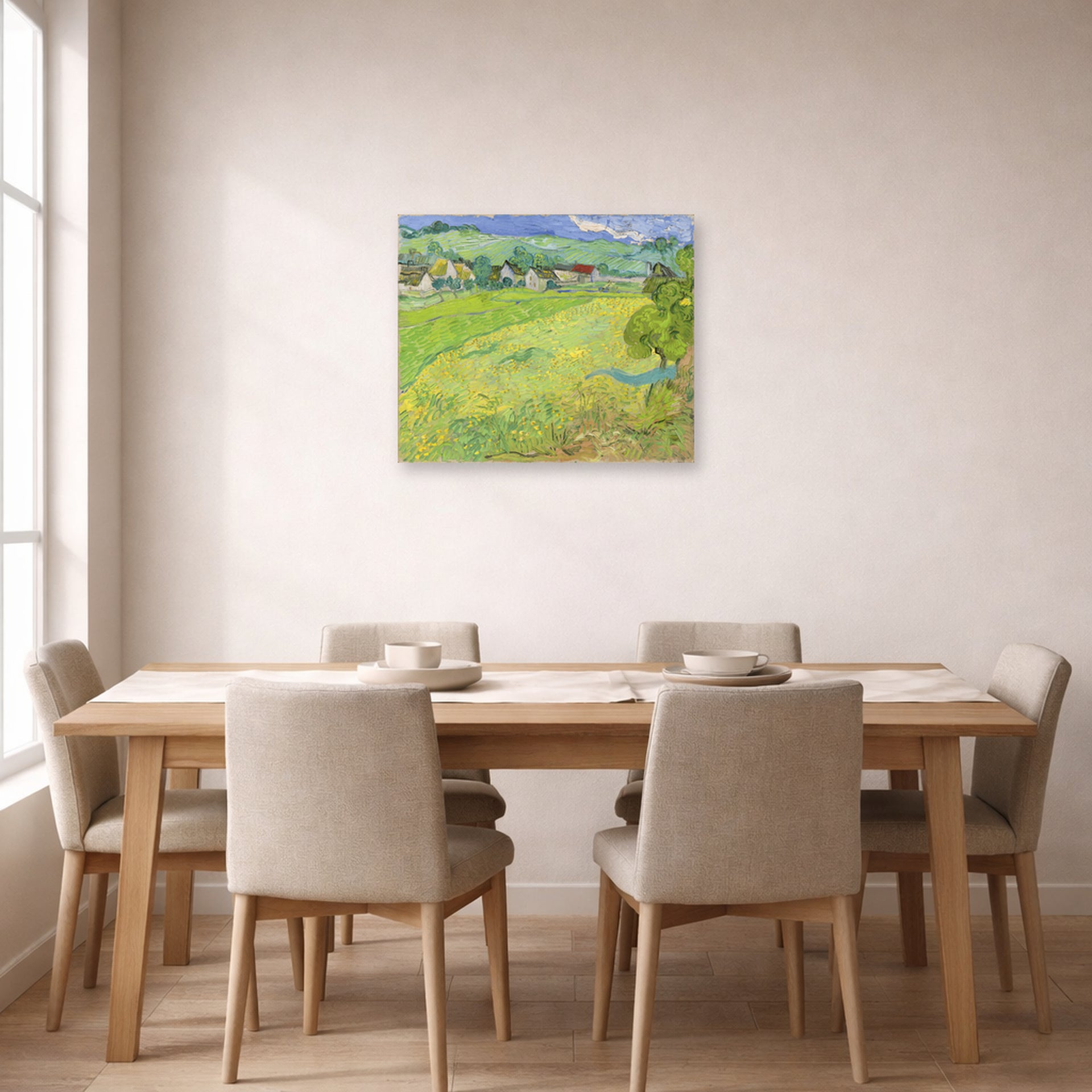 Unframed poster print of Vincent van Gogh's View of Vessenots Near Auvers displayed on a wall in a dining room