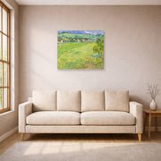 Unframed poster print of Vincent van Gogh's View of Vessenots Near Auvers displayed on a wall in a living room