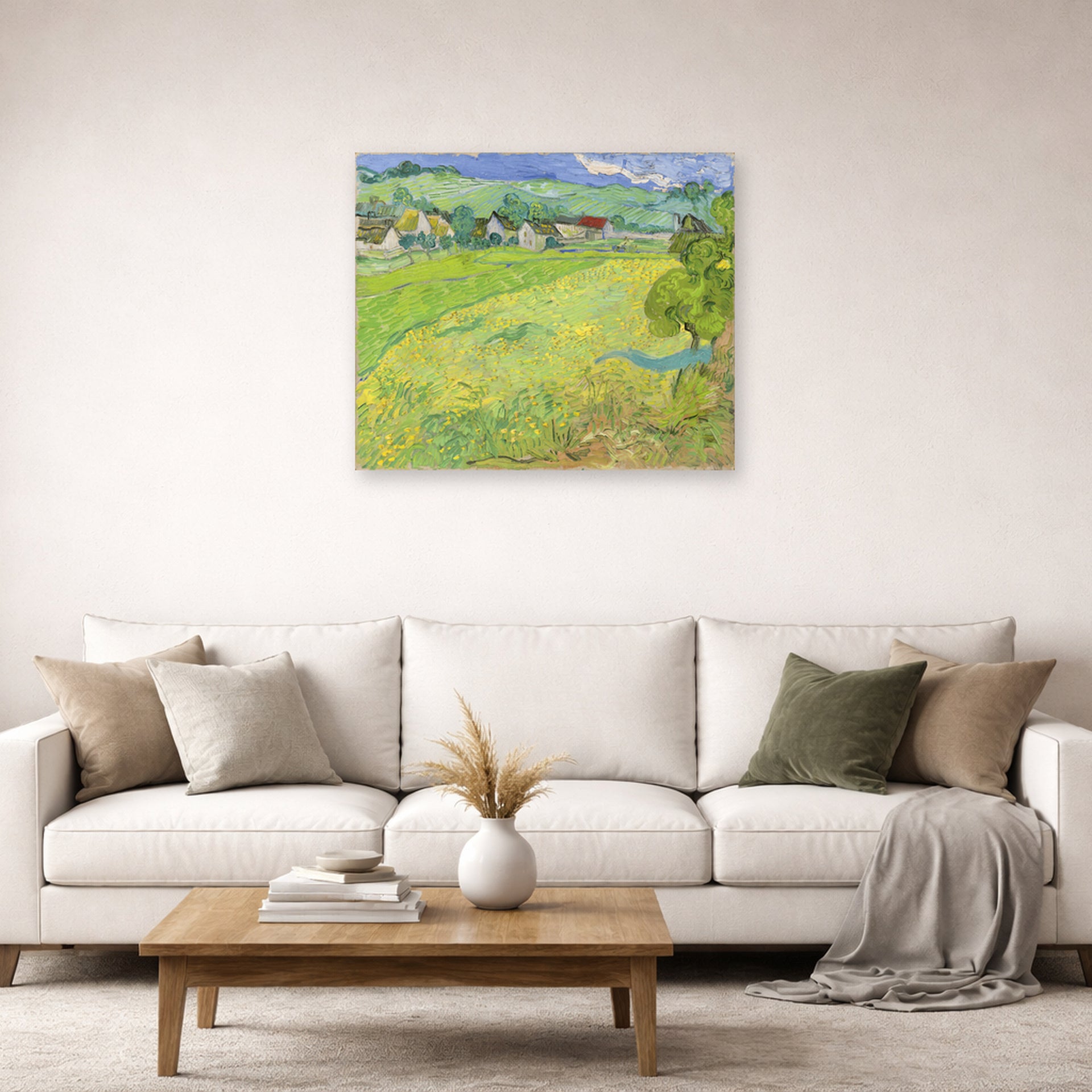 Unframed poster print of Vincent van Gogh's View of Vessenots Near Auvers displayed on a wall in a living room