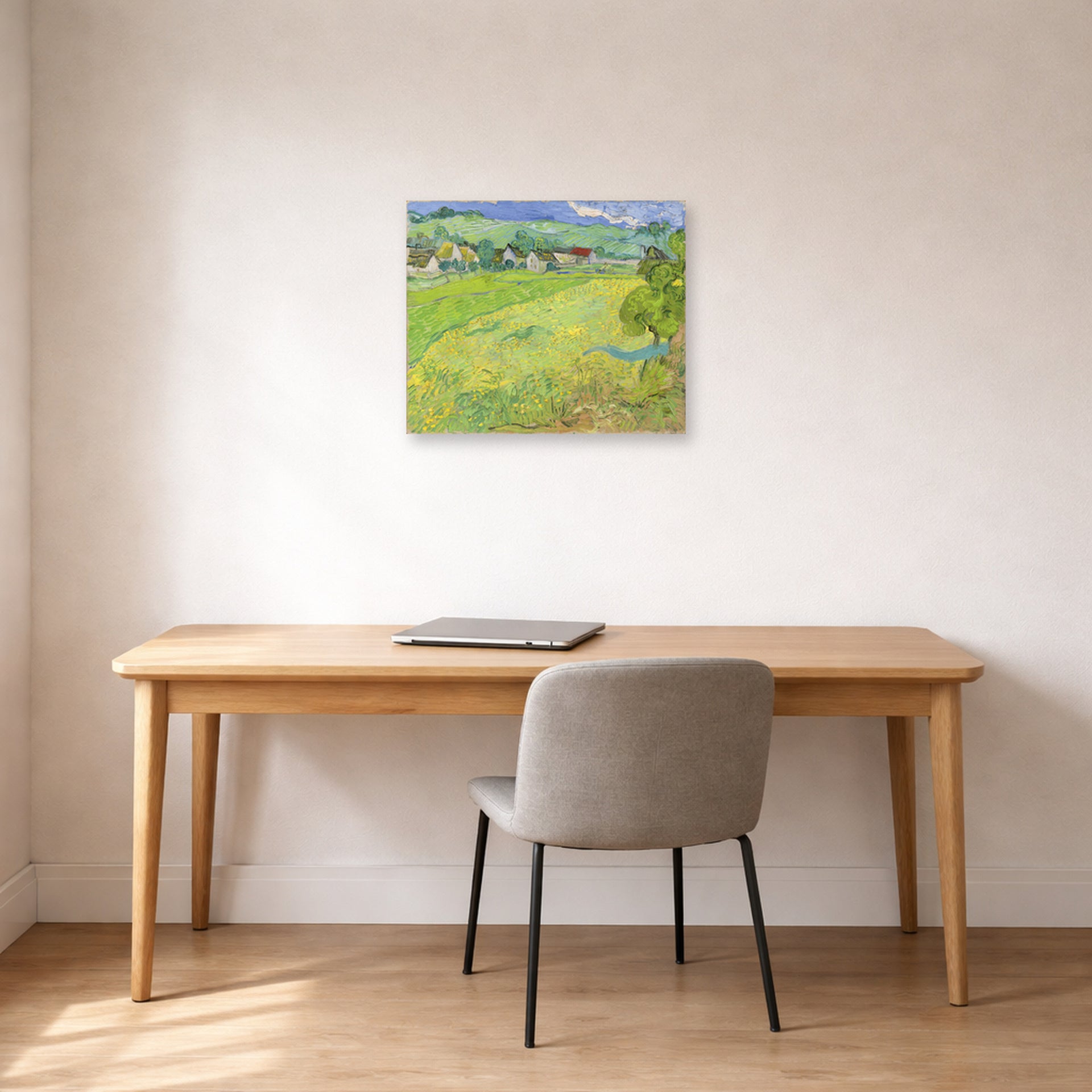 Unframed poster print of Vincent van Gogh's View of Vessenots Near Auvers displayed on a wall in a home office
