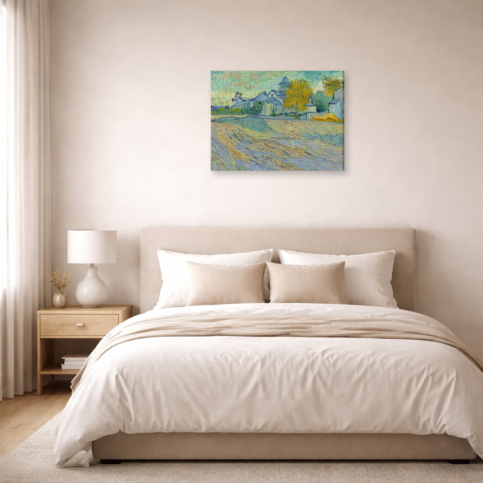 Gallery-wrapped canvas print of Vincent van Gogh's View of the Asylum and Chapel at Saint Remy displayed on a wall in a bedroom