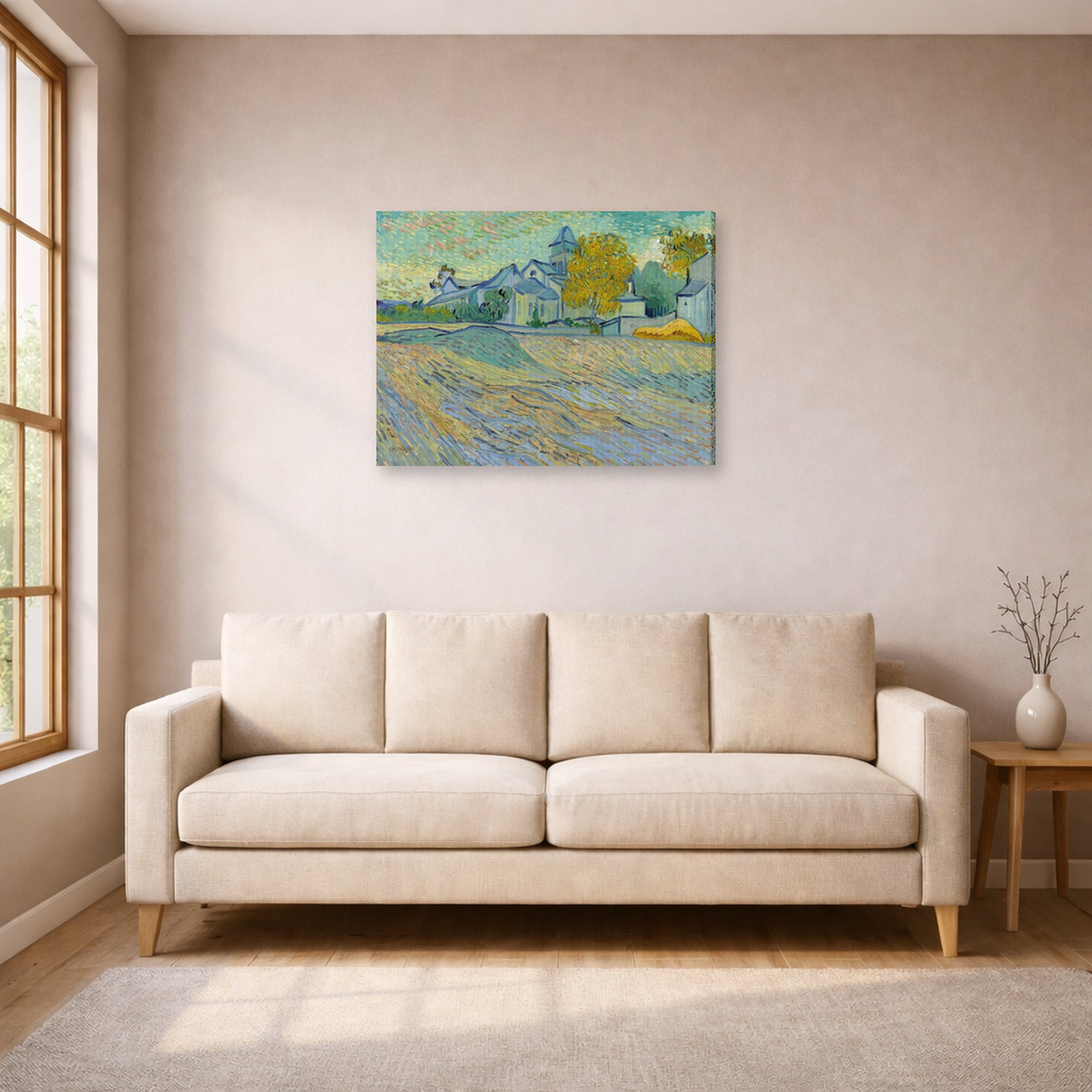 Gallery-wrapped canvas print of Vincent van Gogh's View of the Asylum and Chapel at Saint Remy displayed on a wall in a living room