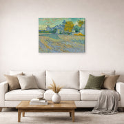 Gallery-wrapped canvas print of Vincent van Gogh's View of the Asylum and Chapel at Saint Remy displayed on a wall in a living room