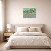 Unframed poster print of Vincent van Gogh's View of the Asylum and Chapel at Saint Remy displayed on a wall in a bedroom