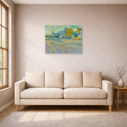 Unframed poster print of Vincent van Gogh's View of the Asylum and Chapel at Saint Remy displayed on a wall in a living room