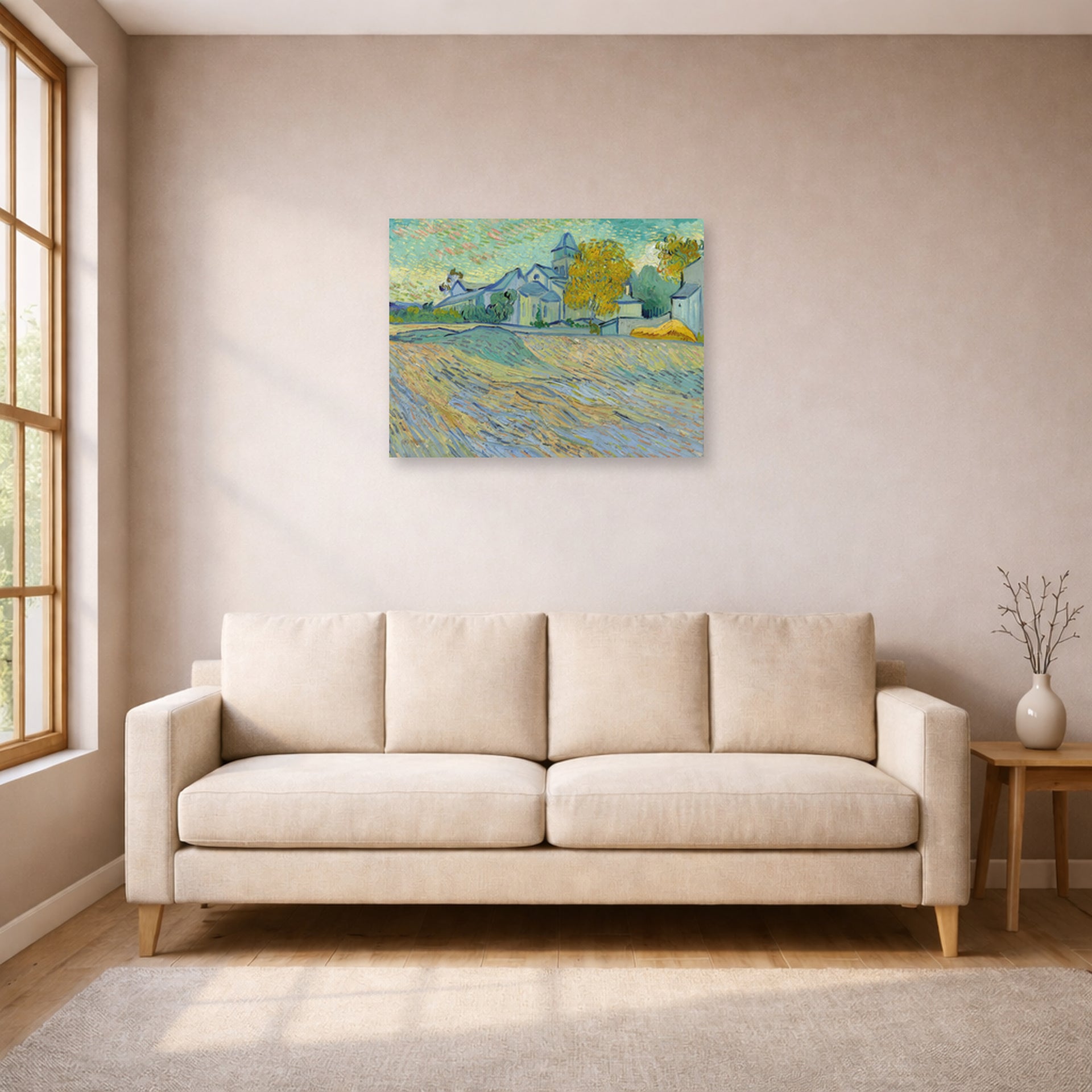 Unframed poster print of Vincent van Gogh's View of the Asylum and Chapel at Saint Remy displayed on a wall in a living room