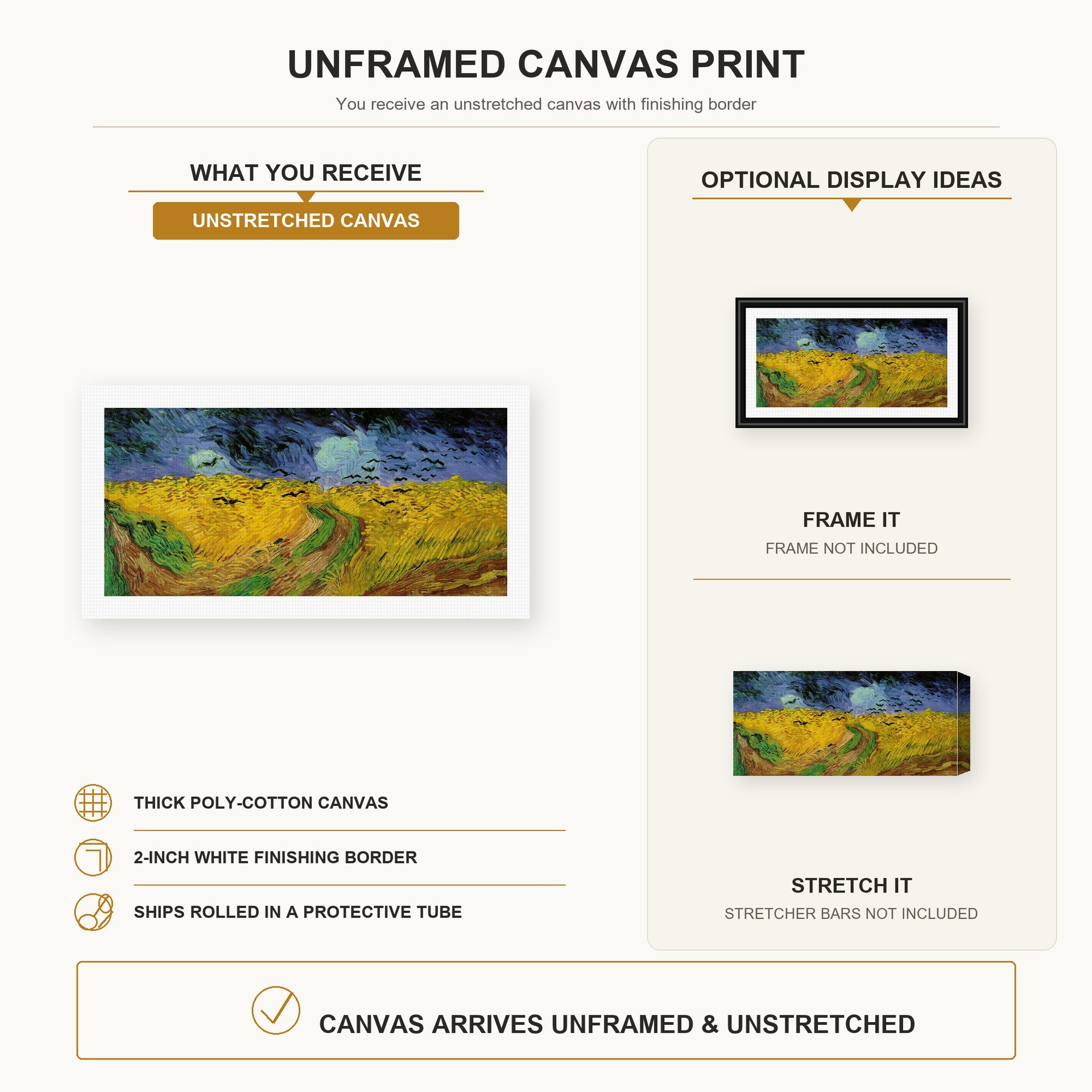 Vincent van Gogh - Wheat Field with Crows canvas print size comparison and framing display infographic