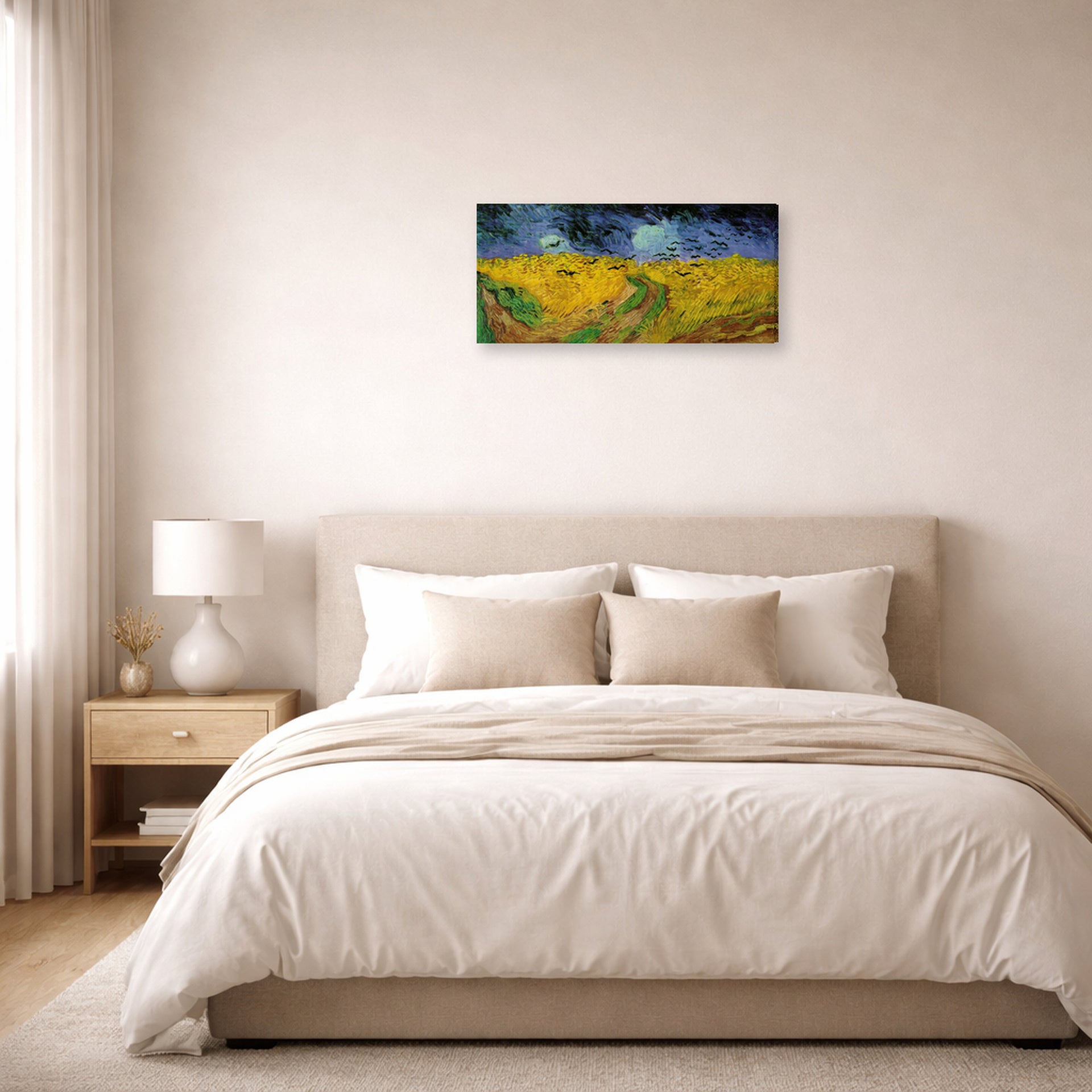 Gallery-wrapped canvas print of Vincent van Gogh's Wheat Field with Crows displayed on a wall in a bedroom