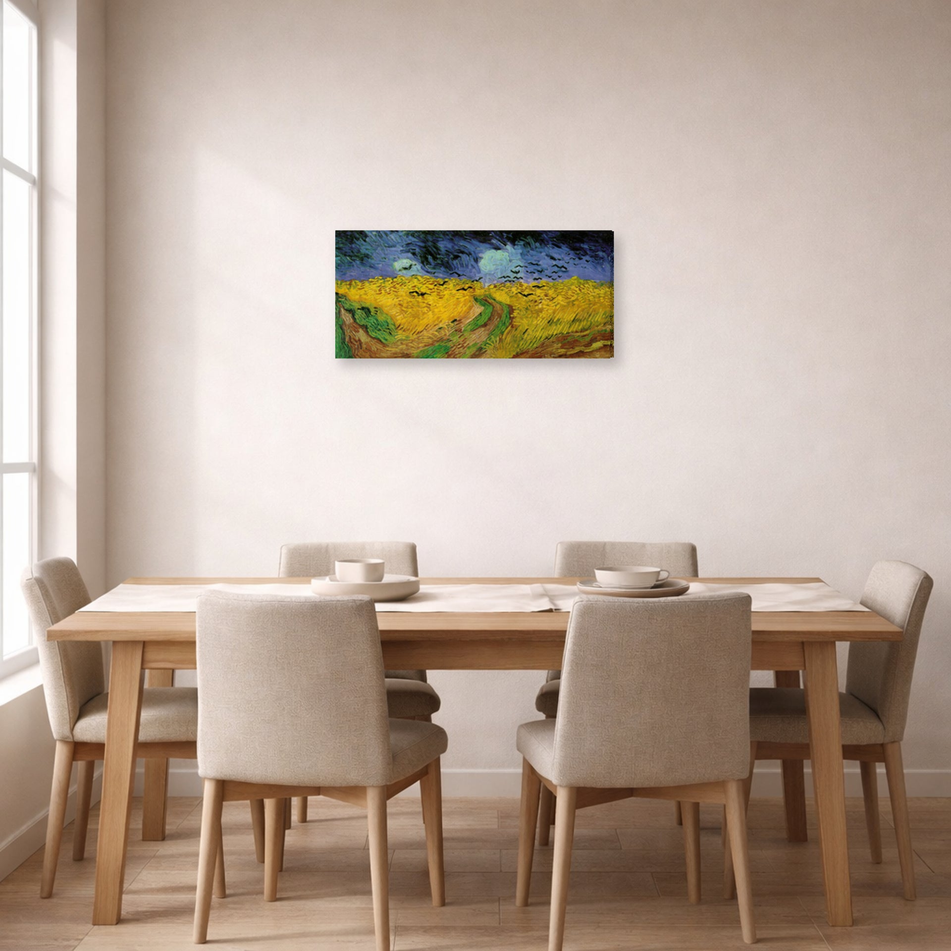 Gallery-wrapped canvas print of Vincent van Gogh's Wheat Field with Crows displayed on a wall in a dining room
