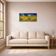 Gallery-wrapped canvas print of Vincent van Gogh's Wheat Field with Crows displayed on a wall in a living room