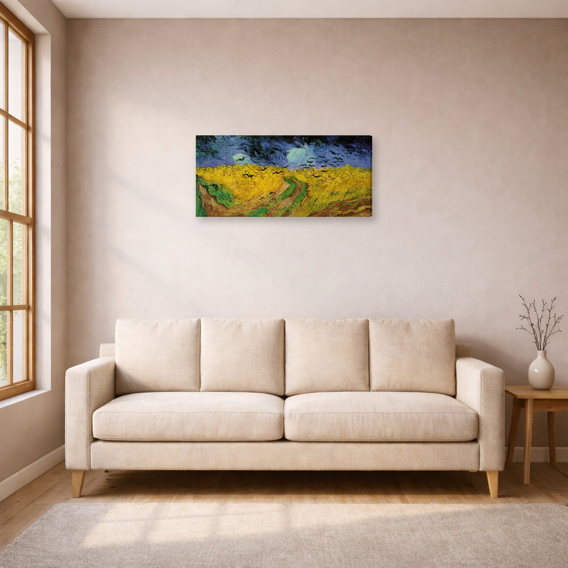 Gallery-wrapped canvas print of Vincent van Gogh's Wheat Field with Crows displayed on a wall in a living room