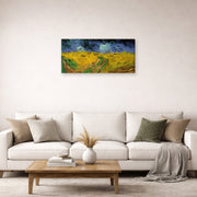 Gallery-wrapped canvas print of Vincent van Gogh's Wheat Field with Crows displayed on a wall in a living room