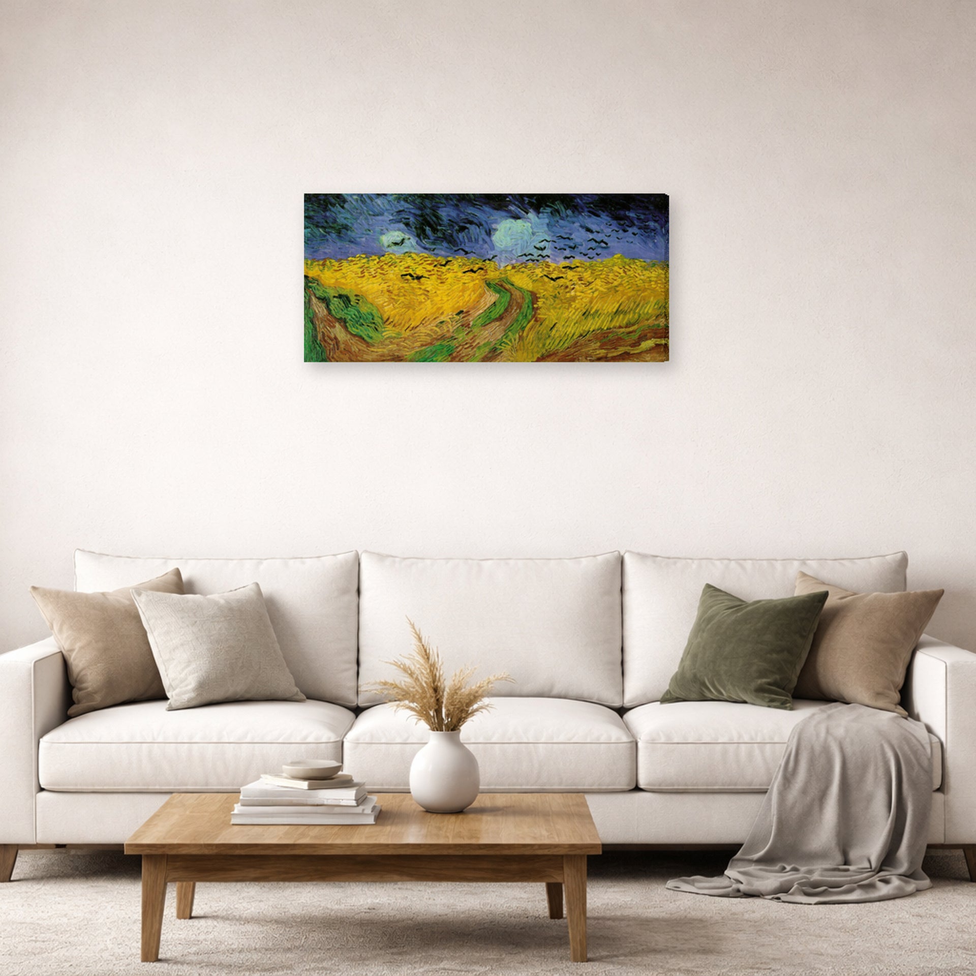 Gallery-wrapped canvas print of Vincent van Gogh's Wheat Field with Crows displayed on a wall in a living room