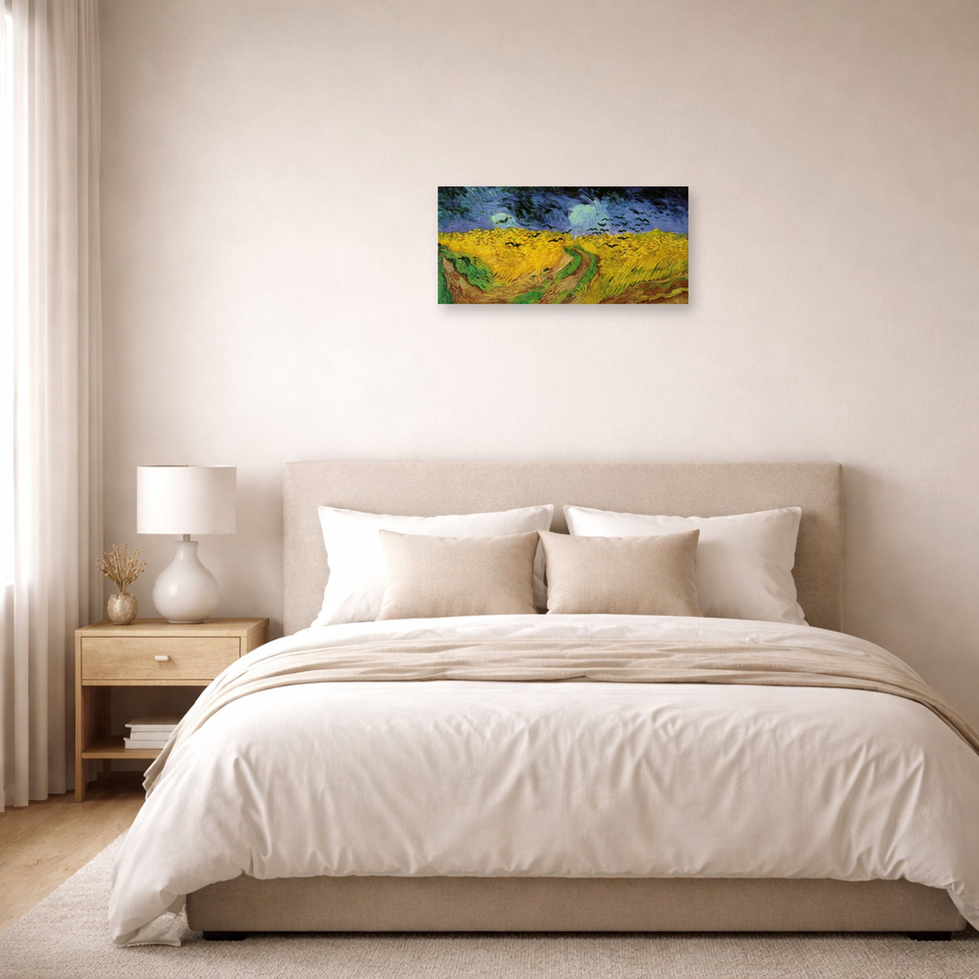 Unframed poster print of Vincent van Gogh's Wheat Field with Crows displayed on a wall in a bedroom