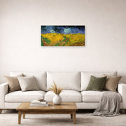 Unframed poster print of Vincent van Gogh's Wheat Field with Crows displayed on a wall in a living room