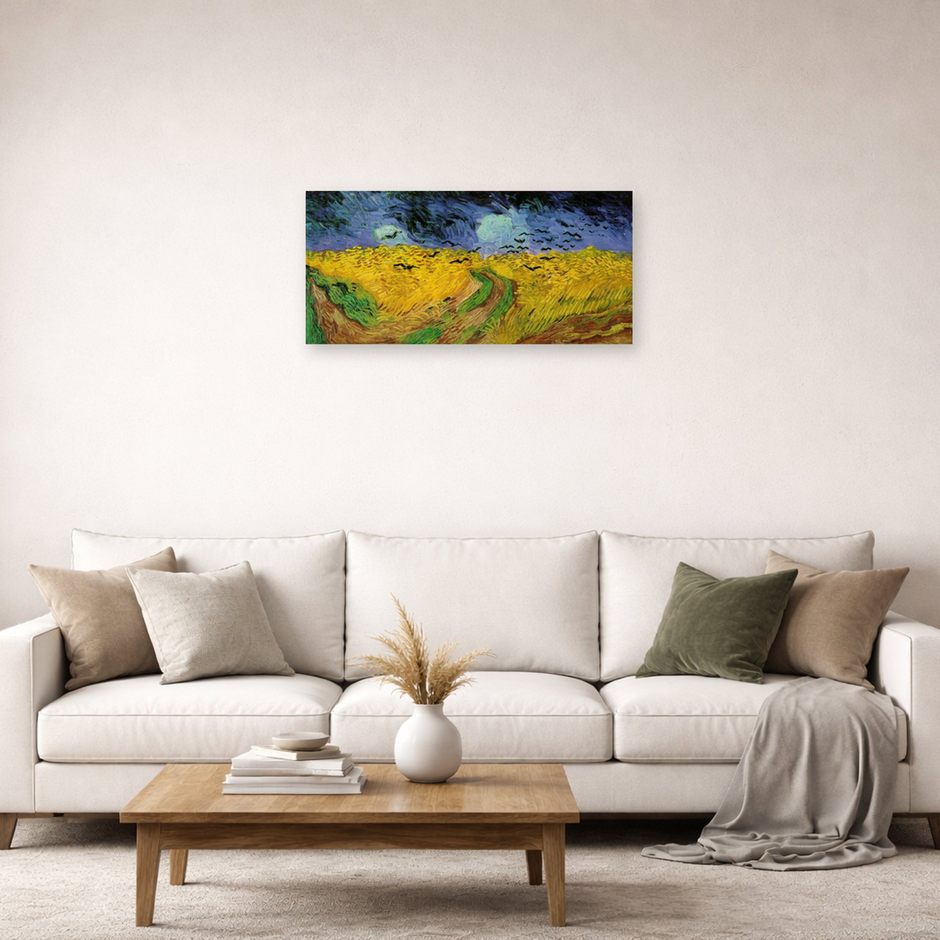 Unframed poster print of Vincent van Gogh's Wheat Field with Crows displayed on a wall in a living room