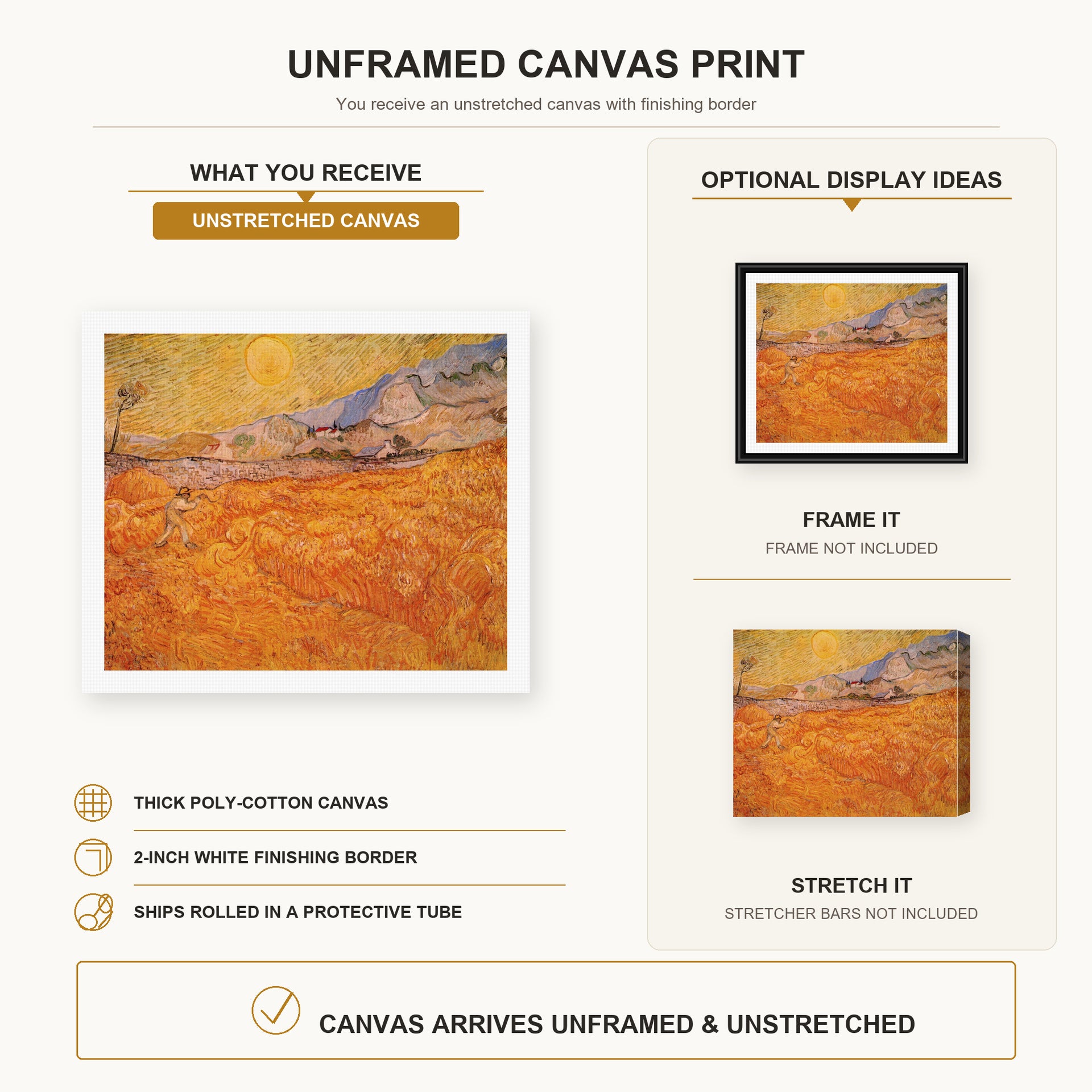 Vincent van Gogh - Wheat Fields with Reaper at Sunrise canvas print size comparison and framing display infographic