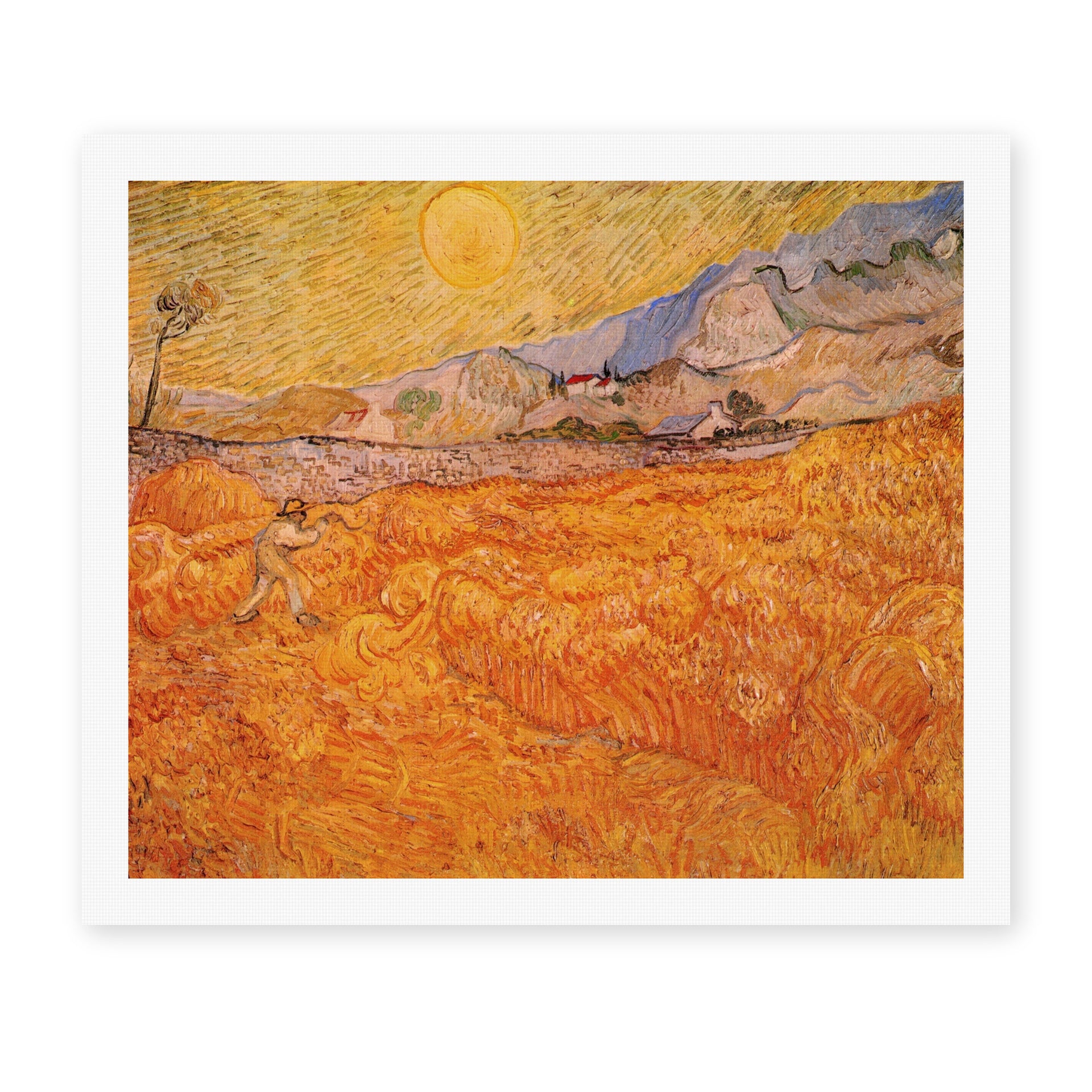 Vincent van Gogh's 'Wheat Fields with Reaper at Sunrise' painting reproduced as a rolled canvas print