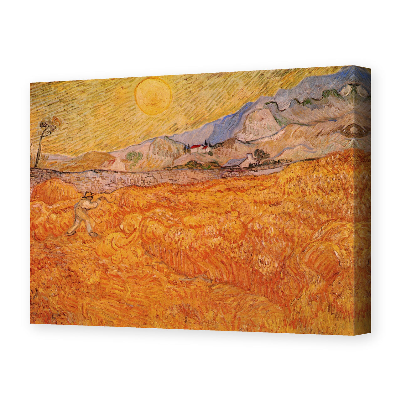 Vincent van Gogh's 'Wheat Fields with Reaper at Sunrise' painting reproduced as a gallery-wrapped canvas print