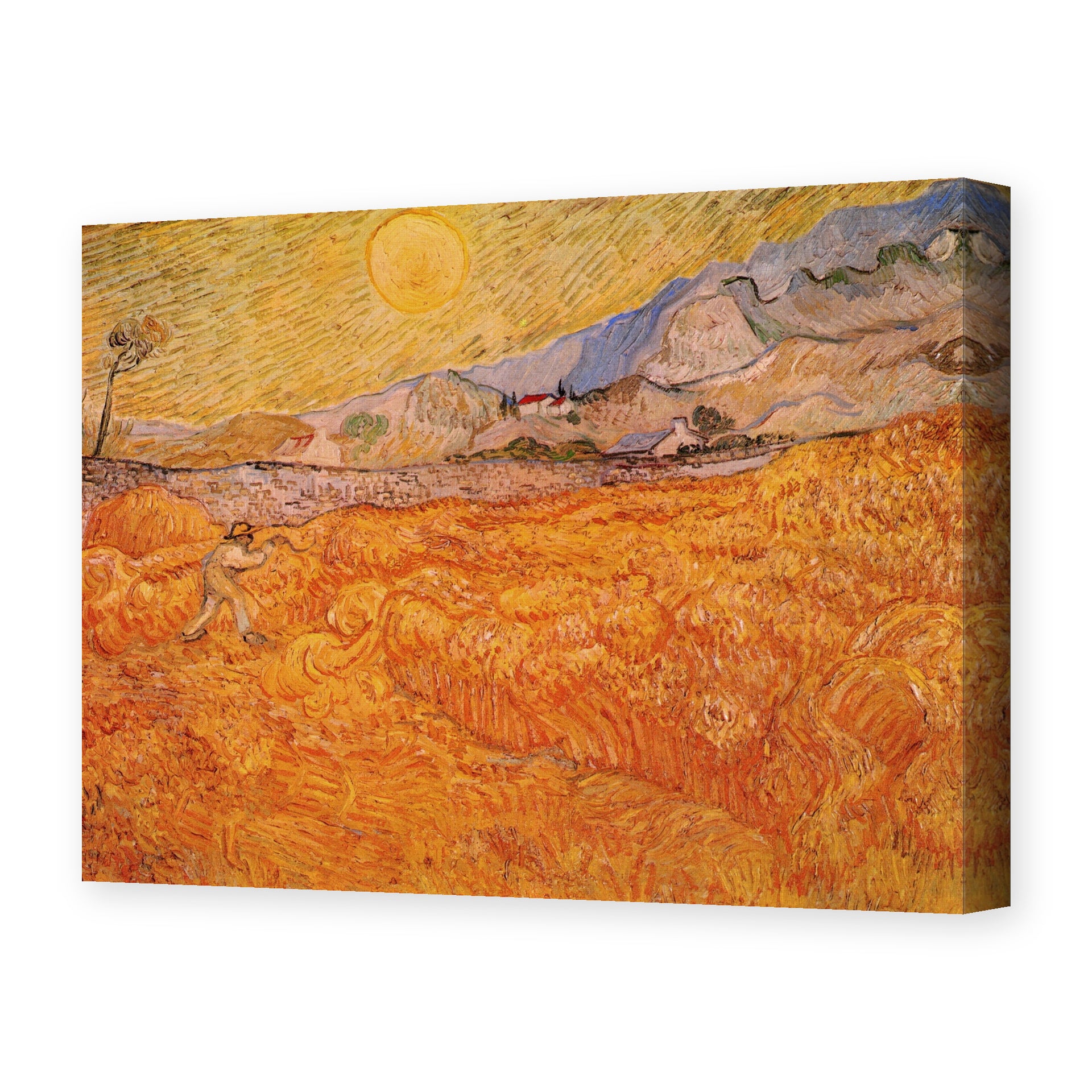 Vincent van Gogh's 'Wheat Fields with Reaper at Sunrise' painting reproduced as a gallery-wrapped canvas print