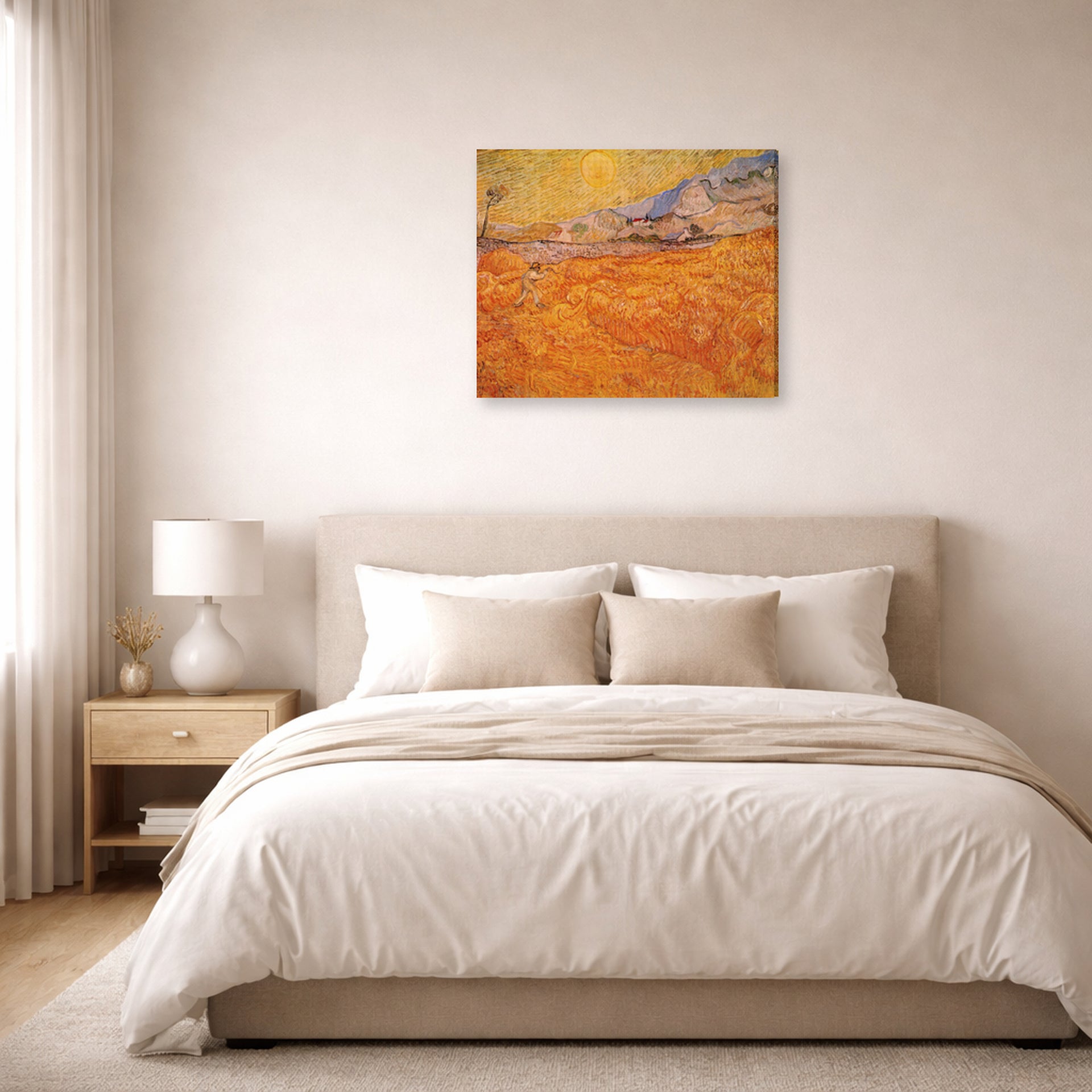 Gallery-wrapped canvas print of Vincent van Gogh's Wheat Fields with Reaper at Sunrise displayed on a wall in a bedroom