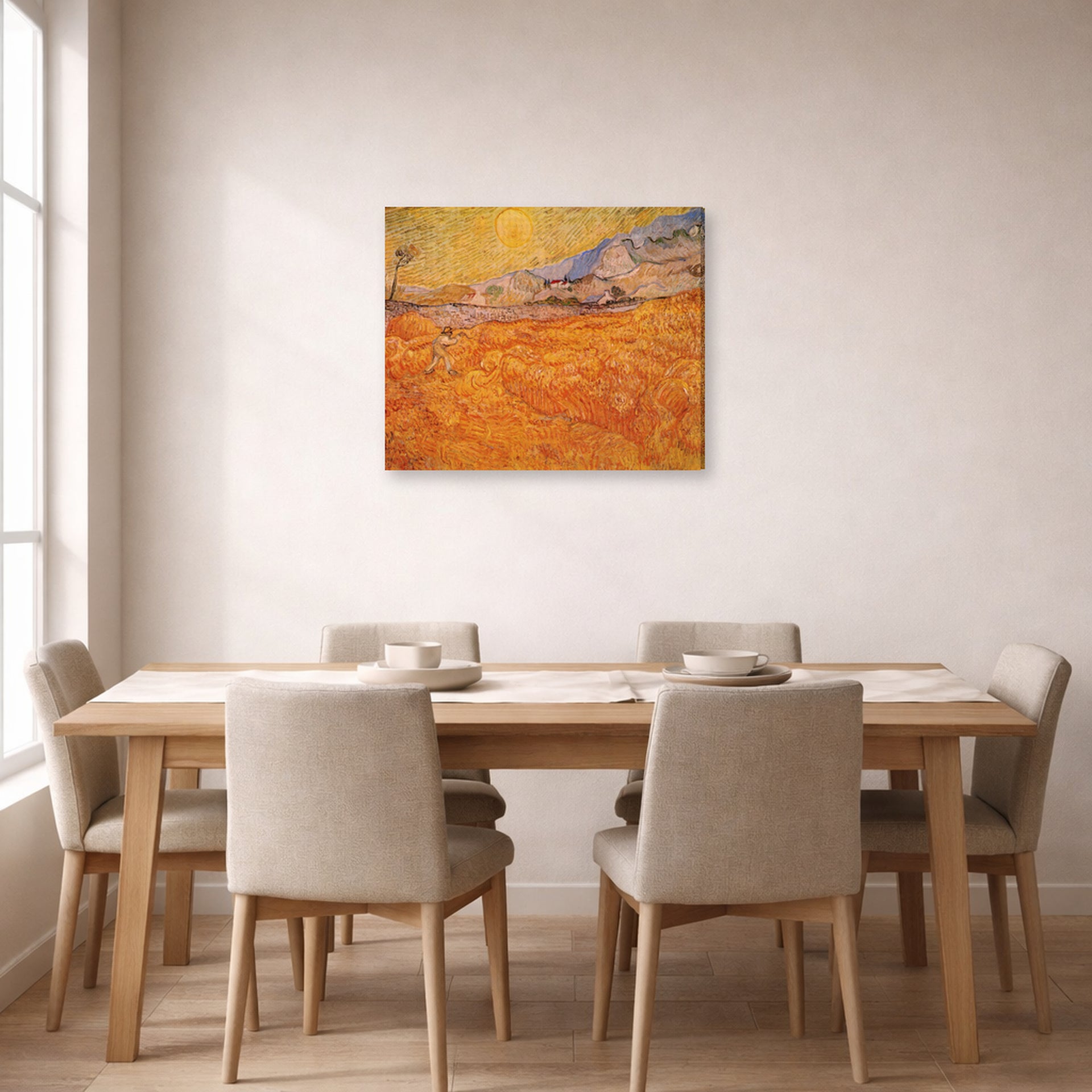 Gallery-wrapped canvas print of Vincent van Gogh's Wheat Fields with Reaper at Sunrise displayed on a wall in a dining room