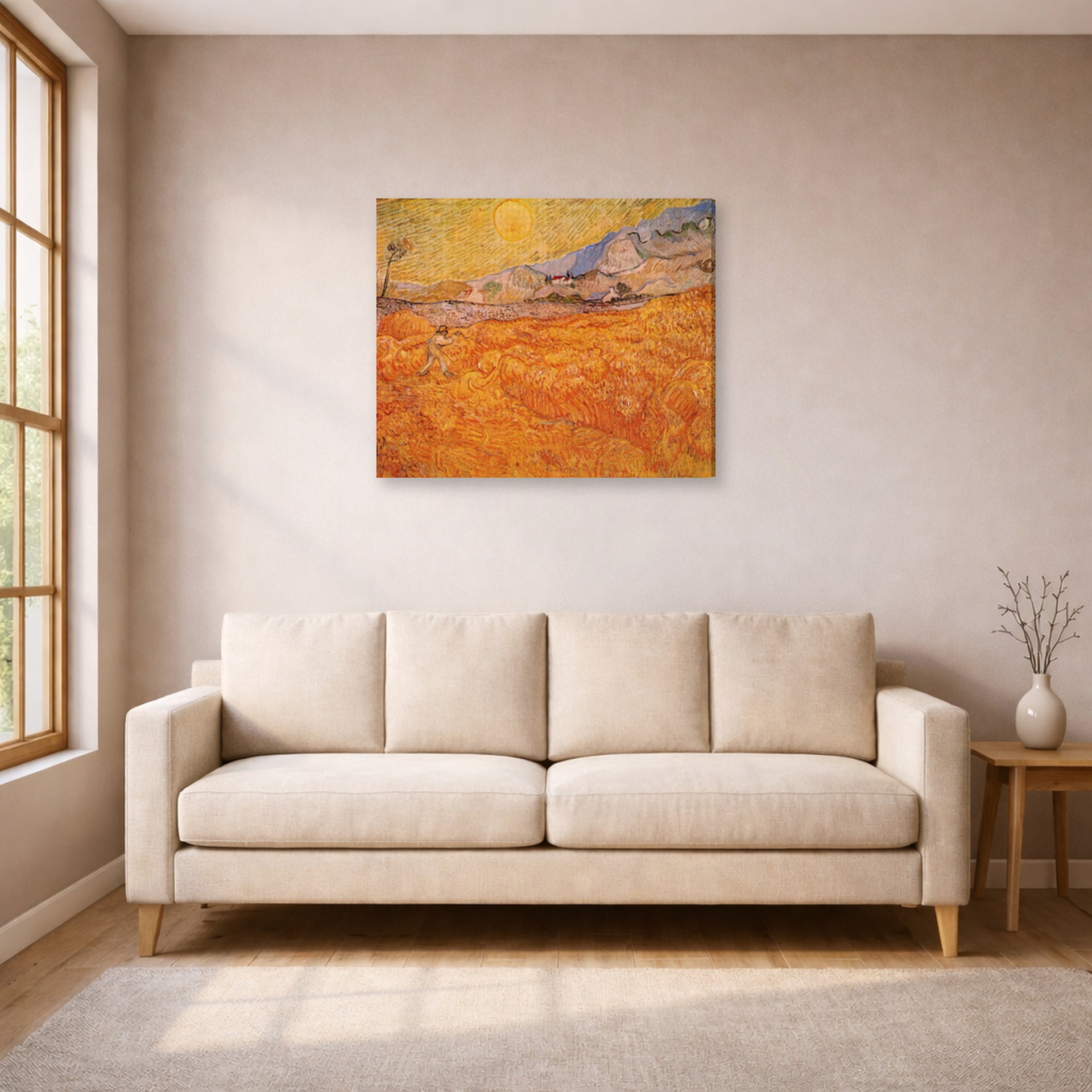 Gallery-wrapped canvas print of Vincent van Gogh's Wheat Fields with Reaper at Sunrise displayed on a wall in a living room