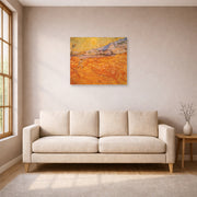 Unframed poster print of Vincent van Gogh's Wheat Fields with Reaper at Sunrise displayed on a wall in a living room